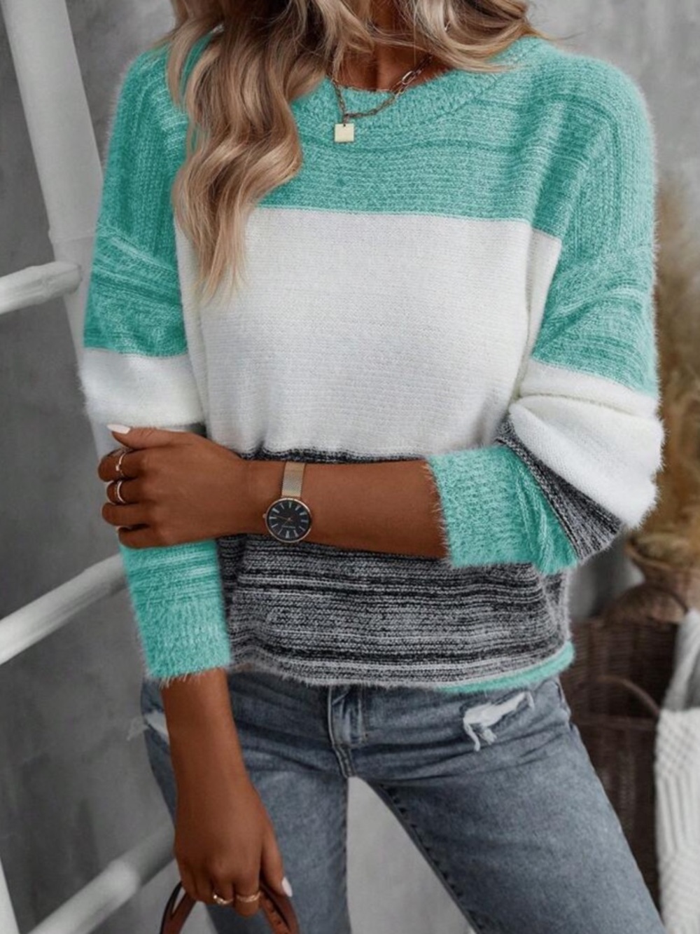Delilah Wear Mint, White & Gray Colorblock Crewneck Sweater